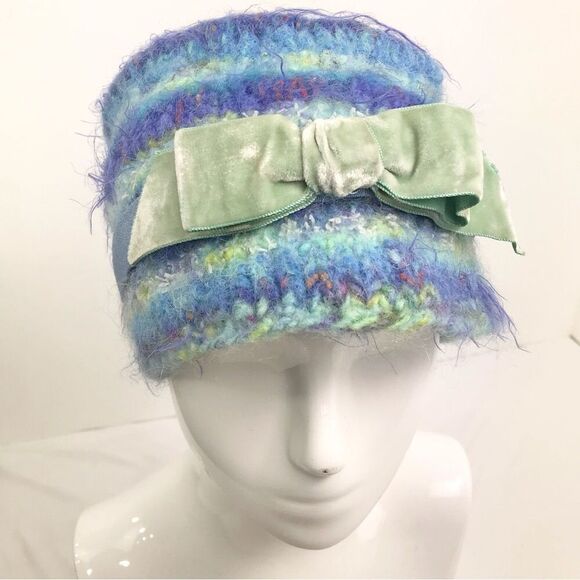 Paula Singleton Handmade Blue Green Knit Velvet Bow Retro Style Artisan Hat - Picture 1 of 10
